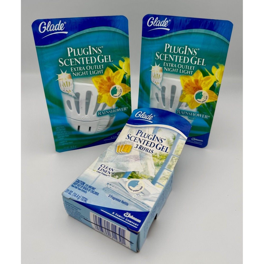 Vintage Glade PlugIns Scented Gel Lot 2 Rainshower Warmers 3 Clean Linen Refills